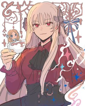 2girls absurdres ascot black_ascot black_skirt blonde_hair blue_eyes chibi closed_mouth commentary_request cup fate/strange_fake fate_(series) fillia_(fate) hair_ribbon haruri_borzak highres holding holding_cup long_hair long_sleeves looking_at_viewer mini_person minigirl multiple_girls purple_shirt red_eyes ribbon shirt siokuran size_difference skirt smile teacup very_long_hair white_hair