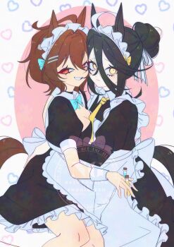 2girls agnes_tachyon_(umamusume) ahoge animal_ears apron asymmetrical_docking bare_back black_choker black_dress black_hair blue_bow blue_bowtie bow bowtie breast_press breasts china_dress chinese_clothes choker cleavage cleavage_cutout closed_mouth clothing_cutout cork dress face-to-face frilled_apron frills furrowed_brow grin hair_between_eyes hair_bun hair_ornament hair_ribbon hairclip highres holding holding_test_tube horse_ears horse_girl horse_tail jacket latte_tr liquid long_bangs long_hair_between_eyes long_sleeves looking_at_viewer maid_apron manhattan_cafe_(umamusume) medium_breasts multicolored_hair multiple_girls necktie parted_lips puffy_short_sleeves puffy_sleeves red_eyes ribbon short_hair short_sleeves sidelocks single_hair_bun small_breasts smile suit_jacket tail test_tube umamusume waist_apron white_apron white_bow white_bowtie white_hair white_ribbon wrist_cuffs yellow_eyes yellow_necktie yuri