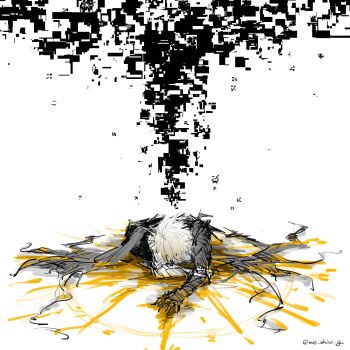 1boy black_cape black_pants blonde_hair broken cape collapsed faceless greyscale hashtag-only_commentary highres honkai:_star_rail honkai_(series) looking_down lying me_shino_g monochrome pants phainon_(honkai:_star_rail) phainon_(khaslana)_(honkai:_star_rail) sitting sun sun_symbol white_background yellow_blood