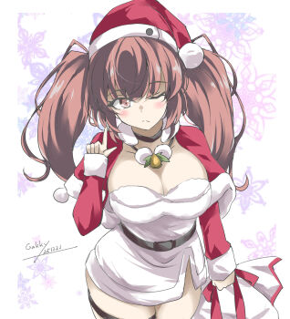 1girl atlanta_(christmas)_(kancolle) atlanta_(kancolle) breasts capelet cleavage cowboy_shot dress fur-trimmed_dress fur_trim gakky hat highres index_finger_raised kantai_collection large_breasts official_alternate_costume one-hour_drawing_challenge one_eye_closed red_capelet red_hat red_sleeves sack santa_hat short_dress snowflake_background solo two_side_up white_background white_dress