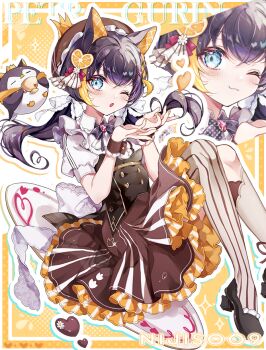 Rule 34 | 1girl, :3, animal ears, asymmetrical legwear, beret, black hair, blue eyes, blush, breasts, cat ears, character name, closed mouth, coco7, commentary, cut-in, floating hair, hair between eyes, hat, heart, long hair, looking at viewer, multicolored hair, nijisanji, nijisanji en, on plate, one eye closed, open mouth, pentomo (petra gurin), petra gurin, ponytail, small breasts, streaked hair, untranslatable commentary, two-tone hair, virtual youtuber, wrist cuffs, yellow nails