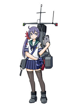 1girl absurdres adapted_turret akebono_(kancolle) artist_logo badge bell blue_neckerchief blue_sailor_collar blue_skirt commentary_request flower full_body grey_thighhighs hair_bell hair_flower hair_ornament highres holding holding_tablet_pc jingle_bell kantai_collection logo long_hair looking_at_viewer machinery mast neckerchief pleated_skirt purple_eyes purple_hair rising_sun_flag rudder_footwear sailor_collar samusara school_uniform searchlight serafuku short_sleeves side_ponytail simple_background skirt smokestack solo sunburst tablet_pc thighhighs throat_microphone torpedo_launcher white_background