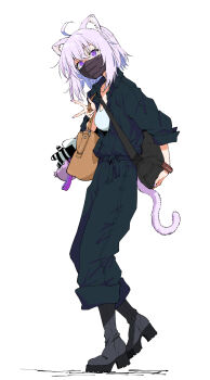 1girl ahoge alternate_costume animal_ear_fluff animal_ears bag black_jacket black_mask black_pants boots breasts cat_ears cat_girl cat_tail character_charm charm_(object) commentary covered_mouth from_side full_body grey_boots handbag henriiku_(ahemaru) highres hololive jacket looking_at_viewer mask medium_breasts mouth_mask nail_polish nekomata_okayu okanyan_(nekomata_okayu) onigirya_(nekomata_okayu) open_clothes open_jacket pants platform_boots purple_eyes purple_hair purple_nails scrunchie shirt short_hair shoulder_bag simple_background solo standing tail v virtual_youtuber white_background white_shirt wrist_scrunchie