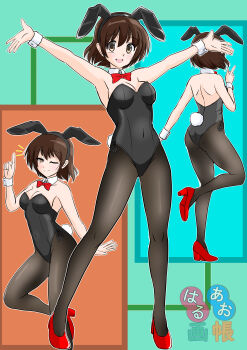 1girl absurdres animal_ear_hairband animal_ears artist_logo back_cutout black_leotard black_pantyhose bow bowtie breasts brown_eyes brown_hair cleavage clothing_cutout commentary_request covered_navel detached_collar fake_animal_ears fake_tail from_behind hairband highres index_finger_raised kunounaoki leotard logo looking_at_viewer multiple_views one_eye_closed open_mouth original pantyhose playboy_bunny rabbit_ear_hairband rabbit_ears rabbit_tail red_bow red_bowtie red_shoes shoes short_hair standing standing_on_one_leg strapless strapless_leotard tail white_wrist_cuffs wrist_cuffs