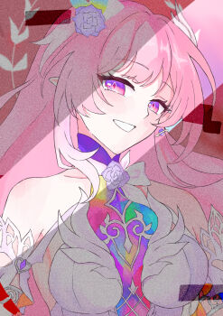 1girl bare_shoulders breasts cyrene_(honkai:_star_rail) cyrene_(demiurge)_(honkai:_star_rail) detached_sleeves dress earrings flower glitch hair_flower hair_ornament highres honkai:_star_rail honkai_(series) jewelry large_breasts light_rays looking_at_viewer pink_hair purple_eyes shadow single_earring smile solo user_nsgr5275 white_dress