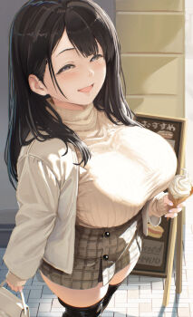 1girl arm_at_side bag black_hair black_thighhighs blue_eyes blush breasts brown_skirt building buttons commentary_request commission cowboy_shot day fingernails food from_side hair_behind_ear half-closed_eyes hand_up handbag high-waist_skirt holding holding_bag holding_food holding_ice_cream holding_ice_cream_cone ice_cream ice_cream_cone jacket large_breasts long_hair long_sleeves looking_at_viewer looking_to_the_side menu_board miniskirt miyabinp open_clothes open_jacket open_mouth original outdoors ribbed_sweater sett skeb_commission skirt sleeves_past_wrists smile soft_serve solo standing sweater sweater_tucked_in thighhighs white_jacket white_sweater zettai_ryouiki