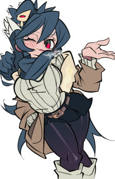 Rule 34 | 1girl, alternate costume, belt, blush, breath, cxdotchison, facing viewer, filia (skullgirls), hand up, jacket, leggings, looking at viewer, one eye closed, open mouth, red eyes, samson (skullgirls), scarf, skirt, skullgirls, smile, solo, sweater, turtleneck, turtleneck sweater