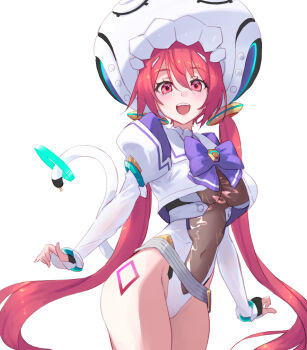 1girl aw_nyne blush bow bowtie breasts bridal_gauntlets covered_navel hair_between_eyes hair_ornament hat leotard long_hair looking_at_viewer low_twintails muv-luv muv-luv_girls_garden open_mouth pico_(muv-luv_girls_garden) pink_eyes pink_hair purple_bow purple_bowtie ribbon solo teeth twintails underboob upper_teeth_only very_long_hair white_background white_hat white_tail