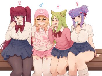 1boy 3girls blonde_hair breasts brikot choker commentary crossdressing crossdressing_(mtf) double_bun english_commentary food glasses green_hair gyaru hair_bun hat highres large_breasts long_hair mars_symbol multiple_girls original pantyhose purple_hair sitting skirt small_breasts thighhighs trap twintails venus_symbol