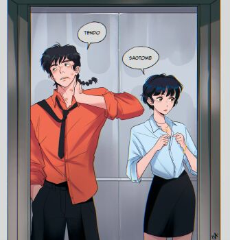 1boy 1girl adjusting_clothes black_hair black_necktie black_pants black_skirt buttoning character_name collared_shirt cowboy_shot elevator english_text hand_in_pocket hand_on_own_neck highres isabel_(chabeescalante) lipstick_mark lipstick_mark_on_cheek lipstick_mark_on_face lipstick_mark_on_neck long_hair necktie necktie_over_shoulder pants parted_lips pencil_skirt ranma_1/2 red_shirt saotome_ranma shirt shirt_partially_tucked_in short_hair skirt sleeves_rolled_up tendou_akane white_shirt