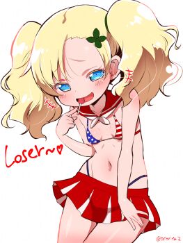 +++ 1girl :d american_flag american_flag_print asymmetrical_bangs bare_arms bare_shoulders bikini blue_eyes blue_panties blush breasts candy flag_print food food_in_mouth hair_ornament highleg highleg_panties highres loli lollipop looking_at_viewer muu_rian navel open_mouth original panties pleated_skirt print_bikini red_sailor_collar red_skirt sailor_collar skirt small_breasts smile solo swimsuit twintails twitter_username underwear