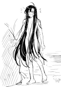 Rule 34 | 1boy, :d, absurdly long hair, ahoge, alternate hairstyle, androgynous, barefoot, beach, blush, collarbone, commentary request, completely nude, convenient censoring, convenient hair, full body, greyscale, hair between eyes, hair down, highres, korean commentary, long hair, looking at viewer, male focus, melmerry, messy hair, modao zushi, monochrome, navel, notice lines, nude, ocean, open mouth, rock, simple background, smile, solo, standing, very long hair, water, wei wuxian, wet, wet hair, white background