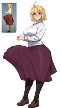 alternate_body_size alternate_breast_size_(larger) arcueid_brunestud arms_under_breasts ass black_pantyhose blonde_hair breasts bulge commentary english_commentary erection erection_under_clothes full_body futanari gigantic_penis hair_between_eyes hair_intakes highres huge_ass large_breasts large_penis long_skirt melty_blood_arcueid_figure_(meme) meme own_hands_together pantyhose penis photo-referenced purple_skirt short_hair skirt solo sweater thick_thighs thighs tight_clothes trembling tsukihime turtleneck turtleneck_sweater twitching_penis vic_senpai white_sweater wide_hips