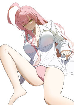 1girl absurdres ahoge bikini bikini_under_clothes blue_archive bow breasts cleavage commentary_request halo hanako_(blue_archive) hanako_(swimsuit)_(blue_archive) highres huge_ahoge knee_up large_breasts long_hair looking_at_viewer official_alternate_costume oversized_clothes oversized_shirt partially_unbuttoned pink_bikini pink_hair pink_halo shirt smile solo swimsuit weihahua white_bow