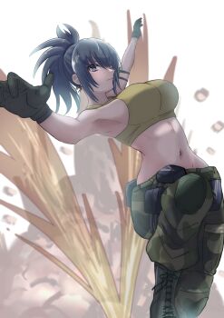 1girl belt black_gloves blue_hair boots breasts combat_boots earrings explosion gloves highres jewelry leona_heidern midriff musuhi navel ponytail slashing soldier solo tank_top the_king_of_fighters the_king_of_fighters_xv yellow_tank_top