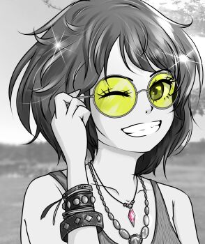 1girl adjusting_eyewear arakky bracelet collarbone commentary_request gem glasses glint greyscale highres jewelry looking_at_viewer monochrome necklace one_eye_closed original pink_gem round_eyewear shirt short_hair sleeveless sleeveless_shirt smile solo spot_color tinted_eyewear upper_body yellow-tinted_eyewear