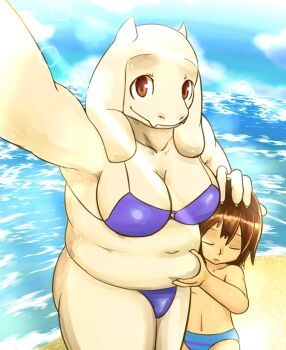 1girl artist_request brown_eyes brown_hair frisk_(undertale) furry goat highres selfie short_hair smile swimsuit toriel undertale utdr_(toby_fox)