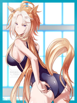 1girl adjusting_clothes adjusting_swimsuit animal_ears ass blue_one-piece_swimsuit from_behind highres horse_ears horse_girl horse_tail multicolored_hair one-piece_swimsuit orange_hair orfevre_(umamusume) purple_eyes solo swimsuit tail umamusume yue_(lov_n_n)