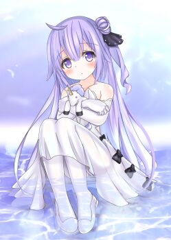 1girl azur_lane bare_shoulders black_ribbon bow dress hair_bun hair_ribbon head_tilt highres langley1000 long_hair ocean pantyhose purple_eyes purple_hair ribbon shallow_water single_side_bun sitting solo strapless strapless_dress stuffed_animal stuffed_toy thighhighs unicorn_(azur_lane) very_long_hair water white_dress white_pantyhose