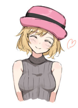 1girl blonde_hair breasts closed_eyes closed_mouth commentary_request facing_viewer hat head_tilt heart highres light_blush nana_shiinferuno nintendo pink_hat pokemon pokemon_(anime) pokemon_journeys serena_(pokemon) short_hair smile solo sweater_vest upper_body