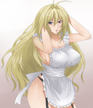 00s 1girl apron arms_up black_panties blonde_hair blue_eyes breasts female_focus garter_belt huge_breasts long_hair md5_mismatch naked_apron otogi_tetsurou panties resolution_mismatch sekirei solo source_smaller tsukiumi underwear