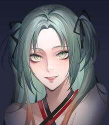 Rule 34 | 1girl, black ribbon, commentary request, green eyes, green hair, grey background, hair ribbon, highres, parted lips, path to nowhere, red lips, ribbon, smile, solo, toho10min, two side up, upper body, wendy (path to nowhere)