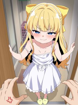 1girl :3 absurdres anger_vein blonde_hair blue_eyes blush bow closed_mouth collarbone doorway dress eufoniuz flat_chest hair_bow highres indoors loli long_hair looking_at_viewer mahou_shoujo_ni_akogarete pov pov_doorway pov_hands slippers smile smug solo_focus standing strap_slip tenkawa_kaoruko v-shaped_eyebrows wavy_hair white_dress yellow_bow