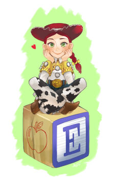 Rule 34 | 1girl, animal print, ano (sbee), belt, boots, braid, chaps, cow print, cowboy hat, cowgirl (western), green eyes, hat, jessie the yodeling cowgirl, long hair, long sleeves, print chaps, red hair, shirt, single braid, smile, toy story, white chaps, yoke (clothing)