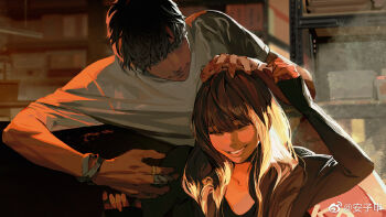 1boy 1girl anzishen bracelet character_request chinese_commentary commentary_request green_eyes highres jewelry light_and_night_love long_hair long_sleeves official_art promotional_art purple_hair ring shirt smile white_shirt