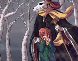 Rule 34 | 1boy, 1girl, absurdres, animal head, animal skull, bare tree, black coat, coat, delfuze, elias ainsworth, forest, gloves, green coat, green eyes, grey sky, hatori chise, highres, horns, long sleeves, mahou tsukai no yome, nature, red hair, scarf, skull head, sky, tree, white gloves, wide sleeves, winter clothes, yellow scarf