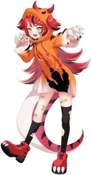 1girl :d asymmetrical_legwear bandaid bandaid_on_leg black_hair black_nails black_socks bond_en bondlive bone crossed_bandaids fingernails food full_body green_eyes hood hood_up hoodie long_hair meat multicolored_hair nail_polish official_art open_mouth orange_hoodie rawru_sastrei red_hair red_shoes sharp_teeth shoes simple_background smile socks solo streaked_hair tail teeth tongue torn_clothes torn_socks transparent_background upper_teeth_only virtual_youtuber white_hair