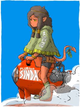 1other androgynous blue_sky colored_skin exhaust highres hover_bike key long_hair on_hover_bike original pointy_ears red_skin shorts sky solo yabarn