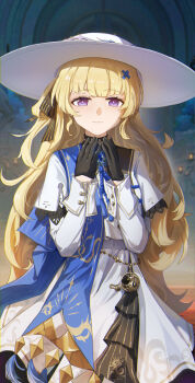 Rule 34 | 1girl, absurdres, black gloves, blonde hair, blue sash, chinese commentary, closed mouth, commentary request, cowboy shot, du xi abc, gloves, hair ornament, hands up, hat, highres, long hair, long sleeves, looking at viewer, phoebe (wuthering waves), purple eyes, sash, shirt, skirt, smile, solo, very long hair, white hat, white shirt, white skirt, wuthering waves, x hair ornament
