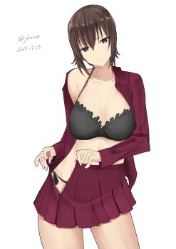 Rule 34 | 10s, 1girl, absurdres, black panties, bow, bow bra, bra, breasts, brown eyes, brown hair, closed mouth, collarbone, cowboy shot, dated, dress shirt, female focus, frilled bra, frills, girls und panzer, highres, irukatto, kuromorimine military uniform, long sleeves, looking at viewer, medium breasts, miniskirt, nishizumi maho, off shoulder, open clothes, open shirt, open skirt, panties, pleated skirt, polka dot, polka dot bra, red shirt, red skirt, shirt, short hair, side-tie panties, simple background, skirt, solo, standing, twitter username, underwear, undressing, white background