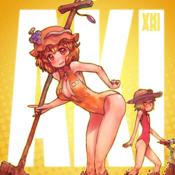 2girls aki_minoriko aki_shizuha blonde_hair breast_envy breasts cleavage commentary_request dirty farm_implements farming food front_zipper_swimsuit_(realise) fruit grapes hat looking_at_viewer medium_breasts mud multiple_girls one-piece_swimsuit red_eyes revision short_hair siblings sisters smile soil straw_hat swimsuit touhou yellow_background yellow_eyes yst