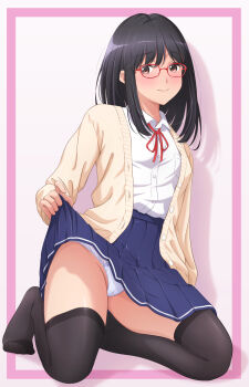 1girl akippoi_0919 black_hair black_thighhighs blush brown_eyes clothes_lift commentary_request glasses highres lifting_own_clothes original panties pleated_skirt school_uniform shirt_lift skirt thighhighs underwear