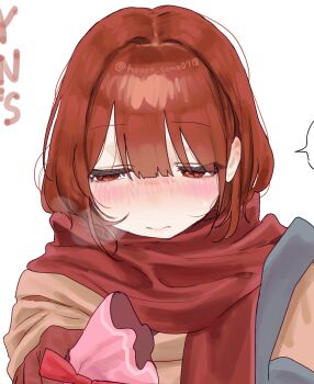 blush chara_(undertale) genderswap genderswap_(otf) heart_soma highres jacket red_scarf scarf school_uniform skirt solo undertale utdr_(toby_fox) valentine