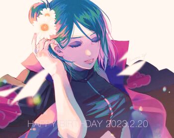 1girl akatsuki_uniform black_shirt blue_hair breasts closed_eyes dated eyeshadow face_piercing hair_behind_ear hair_bun hand_in_own_hair happy_birthday highres jacket jacket_on_shoulders jewelry konan_(naruto) lip_piercing makeup medium_breasts naruto_(series) naruto_shippuuden parted_lips piercing purple_eyeshadow ring shirt short_hair single_side_bun solo unno_24 upper_body white_background