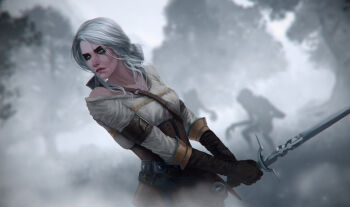 1girl absurdres amionna brown_corset brown_gloves ciri corset fog fogling gloves green_eyes highres holding holding_sword holding_weapon looking_to_the_side shirt solo_focus sword the_witcher_(series) the_witcher_3 tree upper_body weapon white_hair white_shirt