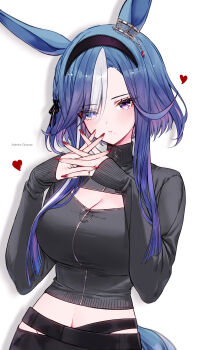 1girl absurdres admire_groove_(umamusume) alternate_costume animal_ears black_hairband black_jacket blue_hair blue_tail breasts character_name cleavage cleavage_cutout closed_mouth clothing_cutout commentary_request ear_ornament fingernails hairband heart highres horse_ears horse_girl horse_tail interlocked_fingers jacket large_breasts looking_at_viewer midriff mole mole_under_mouth multicolored_hair nail_polish navel red_nails short_hair short_hair_with_long_locks sidelocks simple_background sleeves_past_wrists solo streaked_hair tail tetora_(oudonoishiize) umamusume upper_body white_background white_streaks