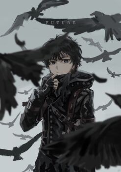 1boy absurdres animal baixiang1234567 bird black_bird black_eyes black_hair black_jacket closed_mouth commentary_request english_text expressionless fate/strange_fake fate_(series) fingerless_gloves gloves grey_background highres hood hood_down hooded_jacket jacket long_sleeves looking_at_viewer male_focus short_hair sigma_(fate) simple_background