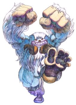 Rule 34 | 1boy, bengus, clenched hands, darkstalkers, facing viewer, fangs, full body, game cg, grin, highres, looking at viewer, monster, non-web source, official art, painting (medium), red eyes, sasquatch (darkstalkers), simple background, smile, solo, traditional media, watercolor (medium), white background, white fur, yeti (creature)