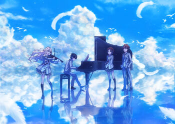 Rule 34 | 2boys, 2girls, :d, absurdres, ahoge, arima kousei, arms behind back, black hair, black shoes, black socks, blazer, blonde hair, blue eyes, bow (music), brown eyes, brown hair, closed mouth, cloud, cloudy sky, commentary request, day, falling feathers, feathers, floating hair, grand piano, grey jacket, grey pants, grey skirt, head rest, highres, holding, holding bow (music), holding instrument, holding violin, instrument, jacket, kneehighs, loafers, long sleeves, miniskirt, miyazono kawori, multiple boys, multiple girls, music, necktie, norelle, open mouth, outdoors, pants, piano, piano bench, playing instrument, playing piano, pleated skirt, profile, red necktie, reflection, reflective liquid, ripples, salar de uyuni, sawabe tsubaki, school uniform, shigatsu wa kimi no uso, shirt, shoes, short hair, simple bird, sitting, skirt, sky, smile, socks, standing, striped clothes, striped necktie, swept bangs, violin, watari ryouta, white shirt