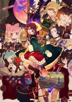 4boys 6+girls atelier_(series) atelier_sophie bag bare_shoulders blue_coat brown_eyes cauldron church coat corneria_(atelier) elise_phulie flask hair_ornament harol_simens hat headscarf highres horst_basler jewelry logix_ficsario long_coat long_hair looking_at_viewer monika_ellmenreich multiple_boys multiple_girls necklace noco_(adamas) official_art open_mouth oskar_behlmer pamela_ibis plachta red_skirt short_hair skirt sophie_neuenmuller tess_heitzmann yellow_hat