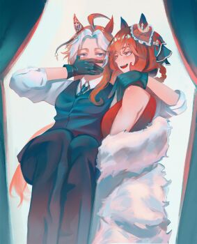 2girls absurdres ahoge animal_ears arm_around_shoulder bare_shoulders black_gloves black_pants black_vest blue_eyes blush braid braided_hair_rings breasts brown_hair carrying coat collared_shirt commentary covering_own_mouth dress ear_covers ear_ornament fur_coat gentildonna_(umamusume) gloves hair_between_eyes hair_ornament hair_rings hand_over_own_mouth heart-shaped_ornament heart_ear_ornament highres horse_ears horse_girl horse_tail long_hair long_sleeves multicolored_hair multiple_girls open_mouth orange_hair orfevre_(umamusume) pants princess_carry red_dress red_eyes shirt single_ear_cover smile tail two-tone_hair umamusume vest white_coat white_hair white_shirt yuhel