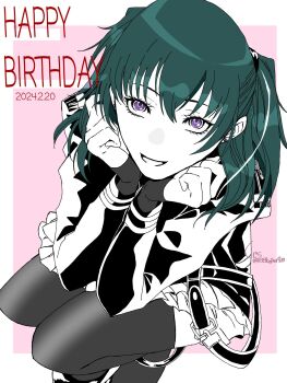 1girl anklet belt birthday black_belt black_jacket black_order_uniform border d.gray-man earrings elbow_on_thigh english_text eyelashes fingerless_gloves from_above gloves green_hair hair_between_eyes hair_over_shoulder hair_ribbon hands_on_own_chin happy_birthday highres horizontal-striped_belt jacket jewelry kujira_(138kujira420) lenalee_lee limited_palette long_hair long_sleeves looking_at_viewer military_uniform miniskirt monochrome outside_border parted_bangs parted_lips pink_background pleated_skirt purple_eyes ribbon shoes sidelocks signature simple_background skirt smile solo squatting striped_belt striped_clothes striped_jacket stud_earrings thighhighs thighs twitter_username two_side_up white_border zettai_ryouiki