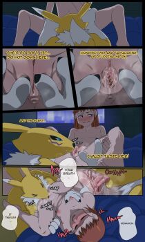 age_difference bad_tag bed comic couple cunnilingus digimon digimon_tamers flat_chest interspecies licking loli makino_ruki oral pussy red_hair renamon talking tongue yellow_fur ynot7 yuri