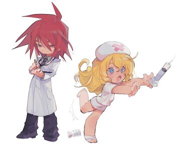 1boy 1girl absurdres alternate_costume black_necktie black_pants black_shoes blonde_hair blue_eyes brown_eyes chibi clipboard coat colette_brunel commentary_request doctor dress dress_shirt full_body hair_between_eyes hat highres holding holding_clipboard kratos_aurion lab_coat long_coat long_hair medicine_bottle nancykittyu necktie nurse nurse_cap open_mouth pants pencil_dress red_hair shirt shoes short_dress simple_background spiked_hair stethoscope syringe tales_of_(series) tales_of_symphonia tripping white_background white_coat white_dress writing