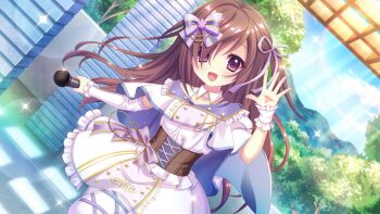 1girl :d blue_sky blush bow brown_corset brown_hair buttons collarbone corset cowboy_shot day detached_collar detached_sleeves dot_nose double-breasted dress dutch_angle film_grain game_cg hair_bow hair_over_one_eye hair_ribbon holding holding_microphone idol idol_clothes izumi_tsubasu lens_flare long_hair long_sleeves looking_at_viewer microphone mizushino_sono non-web_source official_art open_mouth outdoors purple_bow purple_dress purple_eyes purple_ribbon purple_wrist_cuffs re:stage! ribbon single_wrist_cuff sky smile solo sparkle stage standing standing_on_one_leg striped_bow sunlight tree wrist_cuffs