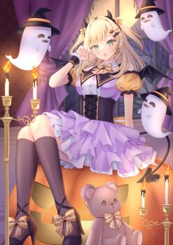 1girl absurdres allymidorikawa arm_support bare_shoulders black_corset black_horns black_thighhighs black_wings blonde_hair blush bow bowtie branch breasts buttons candle candlelight candlestand cleavage commentary_request corset criss-cross_strings cross cross_earrings curtains detached_collar detached_sleeves dress earrings fake_horns food-themed_hair_ornament frilled_wrist_cuffs frills full_moon ghost green_eyes hair_bow hair_intakes hair_ornament hairband halloween hand_up hat head_tilt high_heels highres horn_hairband horns indoors jack-o&#039;-lantern jewelry kurumi_noah large_breasts legs long_hair looking_at_viewer moon moonlight nail_polish night night_sky open_mouth puffy_detached_sleeves puffy_short_sleeves puffy_sleeves pumpkin_hair_ornament purple_dress purple_nails short_sleeves sitting sky solo stuffed_animal stuffed_toy teddy_bear thighhighs thighs tree two_side_up virtual_youtuber vspo! window wing_hair_ornament wings witch_hat wrist_cuffs yellow_bow yellow_bowtie